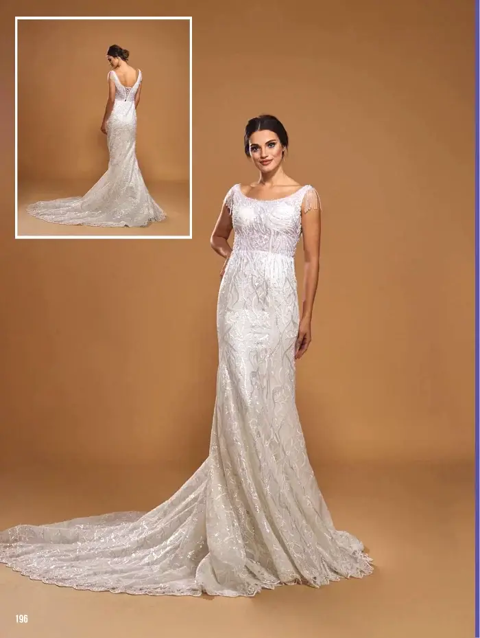 U Yaka Omuz ve Sırt Sarkaç Detaylı Dar Etekli Helen Gelinlik