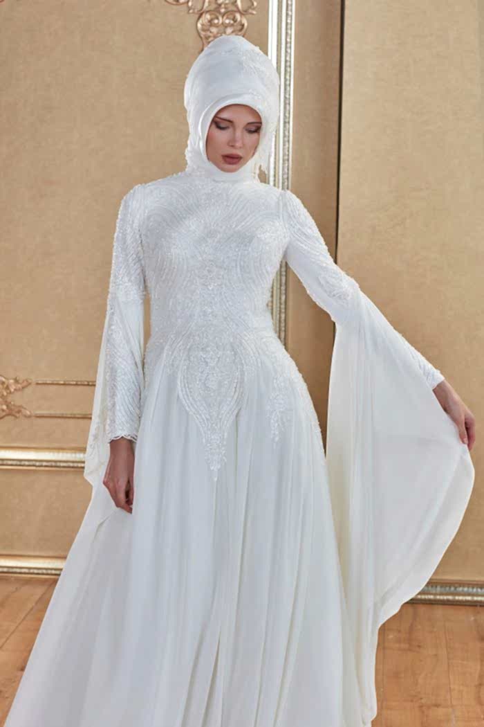 Kristal İşlemeli İspanyol Kol Helen Tesettür Gelinlik