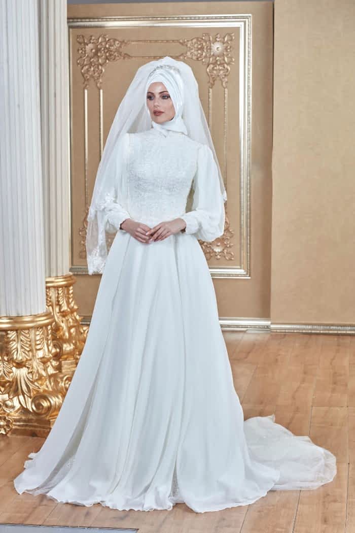 Bishop Kol Eteği Pileli Işıltılı Şifon Helen Tesettür Gelinlik