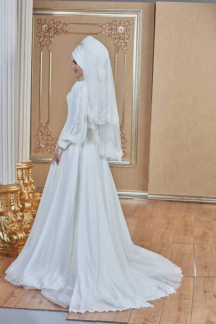 Alternative view of Bishop Kol Eteği Pileli Işıltılı Şifon Helen Tesettür Gelinlik