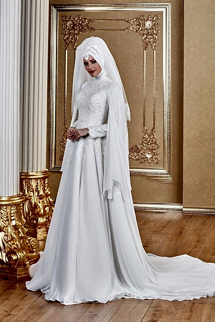 Kol Pelerin Detaylı Şifon Helen Tesettür Gelinlik