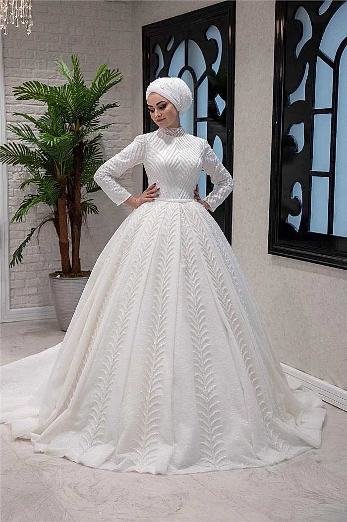 Kristal İşlemeli Hakim Yaka Prenses Tesettür Gelinlik
