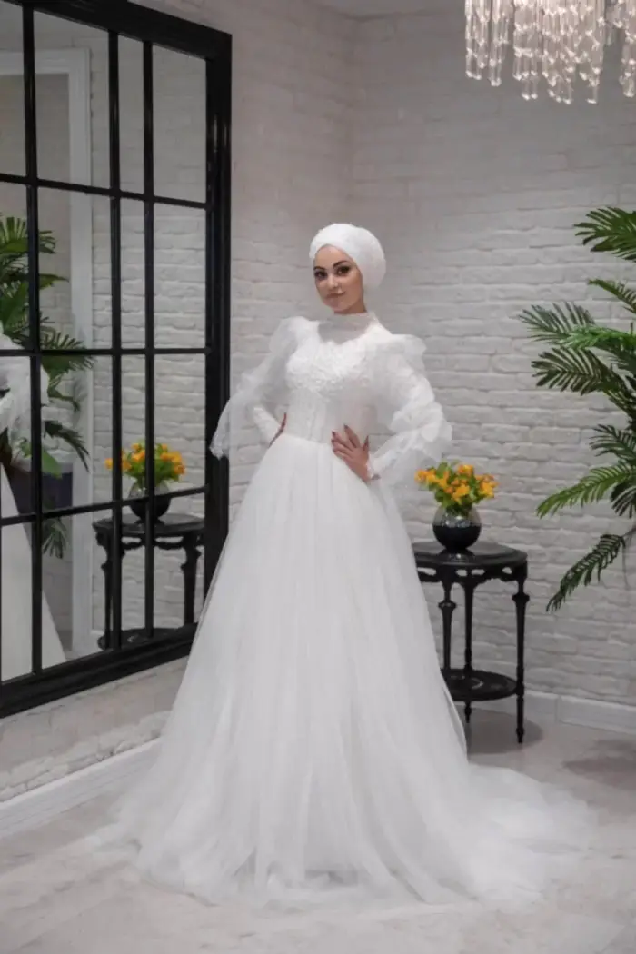 Bohem Kol Sırt Dekolteli Helen Tesettür Gelinlik