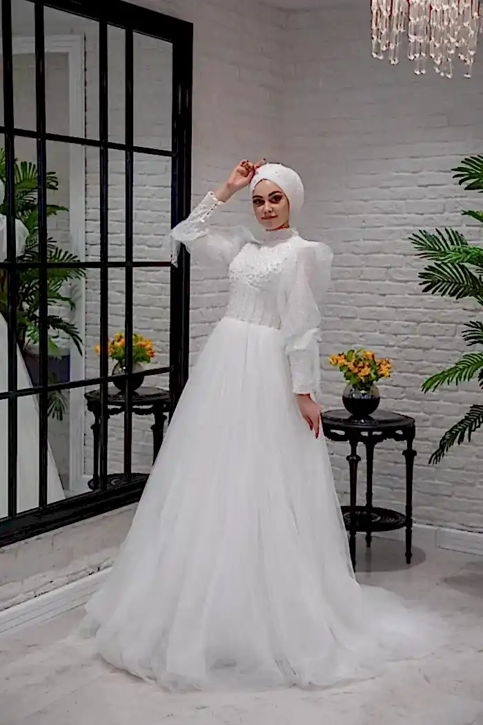 Alternative view of Bohem Kol Sırt Dekolteli Helen Tesettür Gelinlik