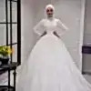 Uzun Kollu Dantel işlemeli Prenses Tesettür Gelinlik