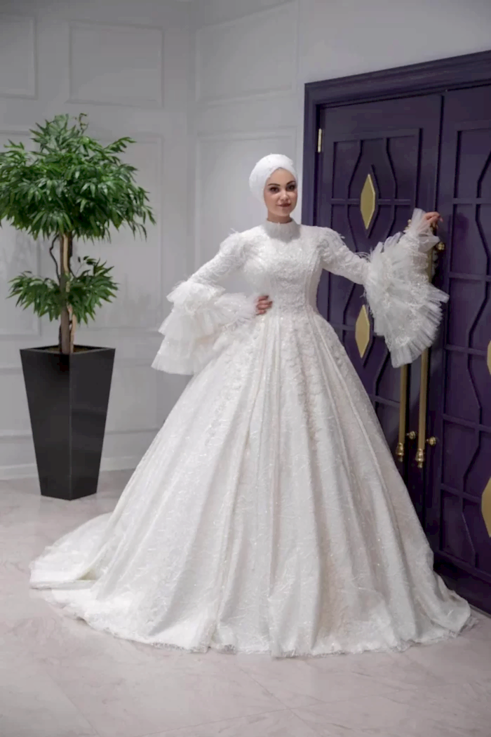 Bohem Kol Hakım Yaka Helen Tesettür Gelinlik