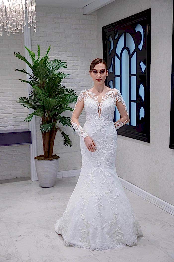 Uzun Kollu Derin V Yaka Balık Gelinlik