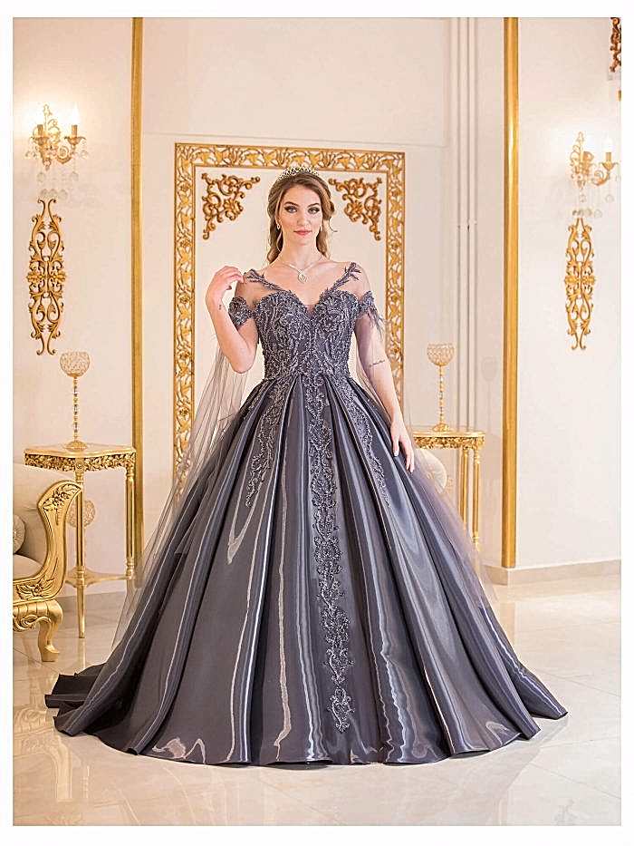 Taş İşemeli V Yaka Prenses Model Lila Nişanlık