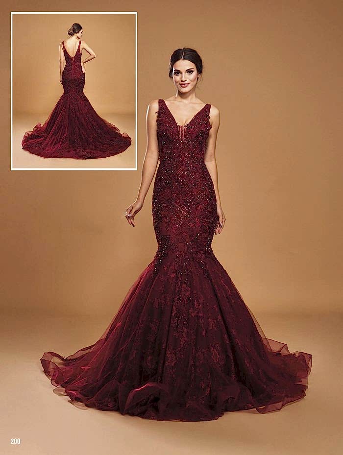 Kristal Taş İşlemeli Derin V Yaka Bordo Nişanlık