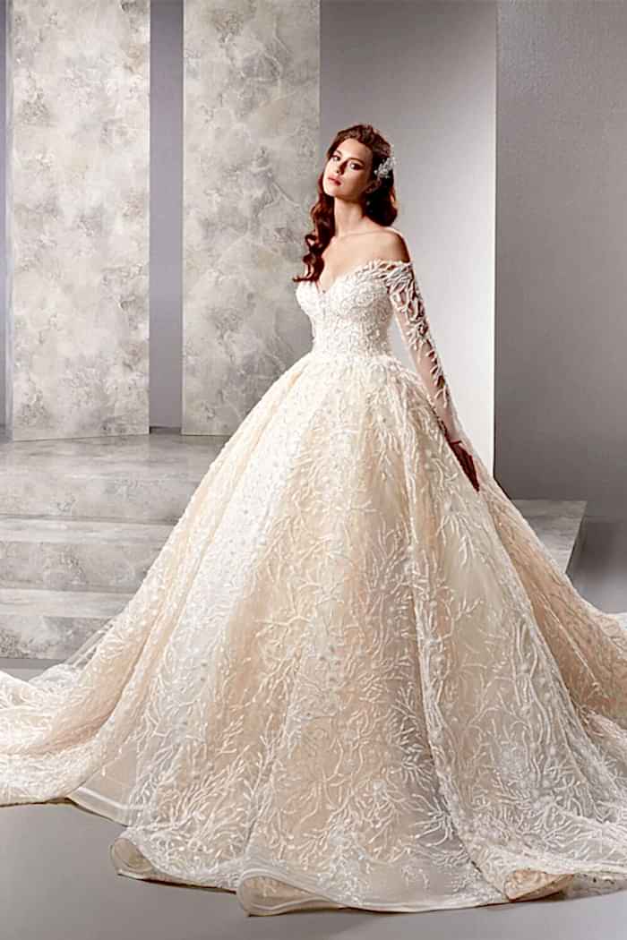 Dal Desen İşlemeli Düşük Omuz Uzun Kollu Ekru Prenses Gelinlik