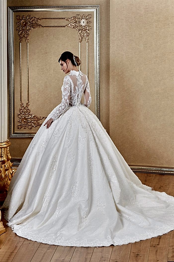 Hakim Yaka Uzun Kollu Transparan Prenses Gelinlik