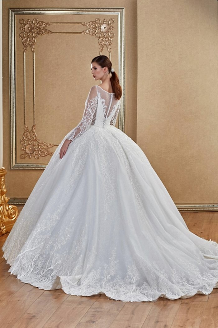 İllüzyon Yaka Uzun kollu Transparan Prenses Gelinlik