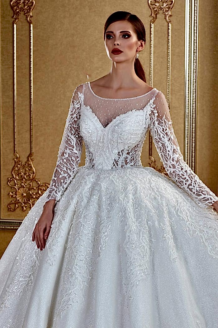 Alternative view of İllüzyon Yaka Uzun kollu Transparan Prenses Gelinlik