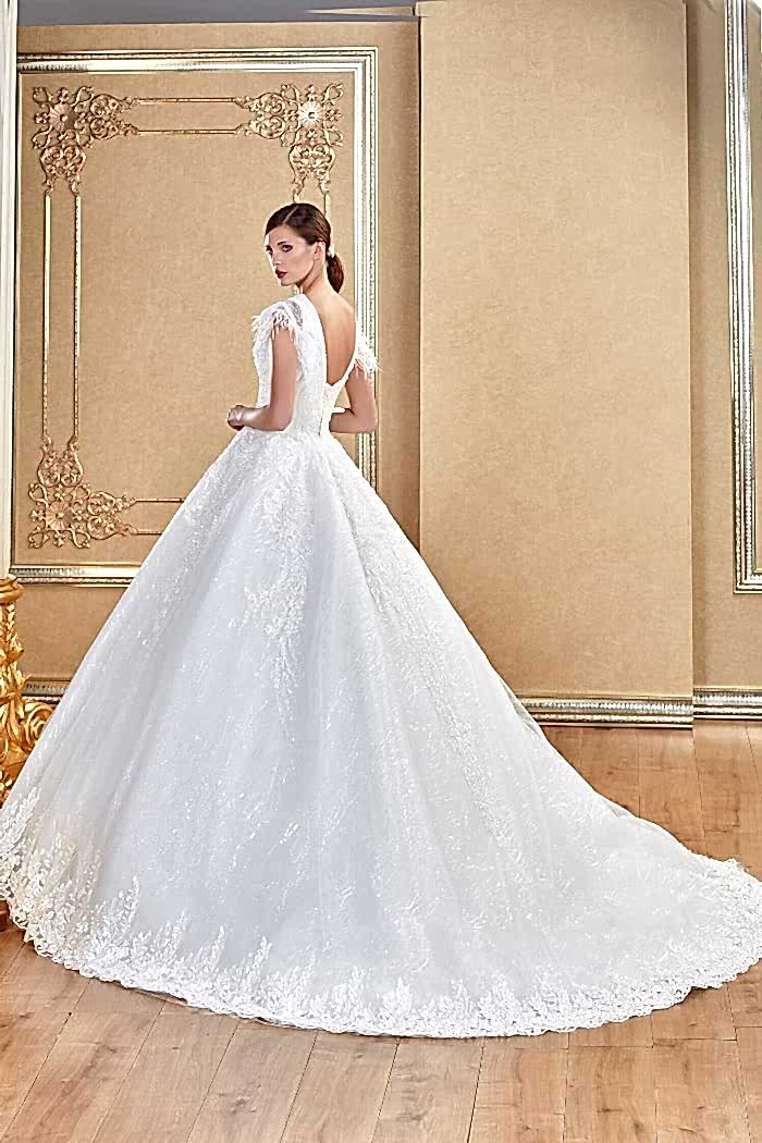 Derin V Yaka Kristal İşlemeli Kol Detaylı Prenses Gelinlik