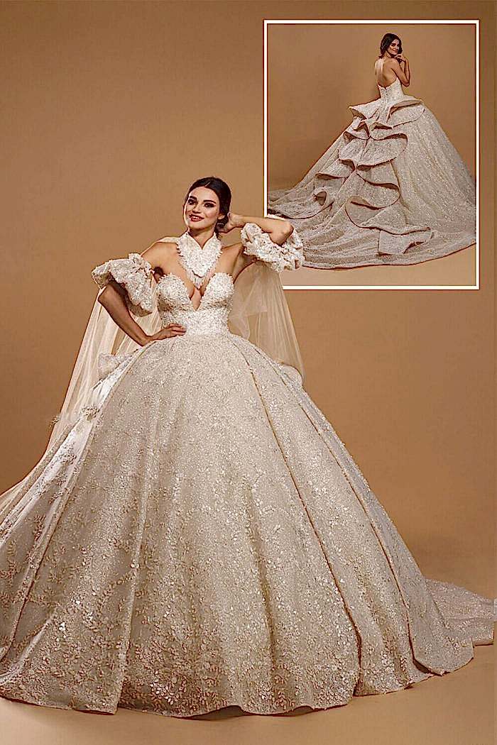 Straplez Yaka Demonte Kol Detaylı Kat Kuyruklu Ekru Prenses Gelinlik