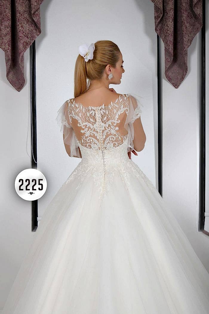 Transparan Kelebek Kol Sırt Dekolteli Kalp Yaka Prenses Gelinlik