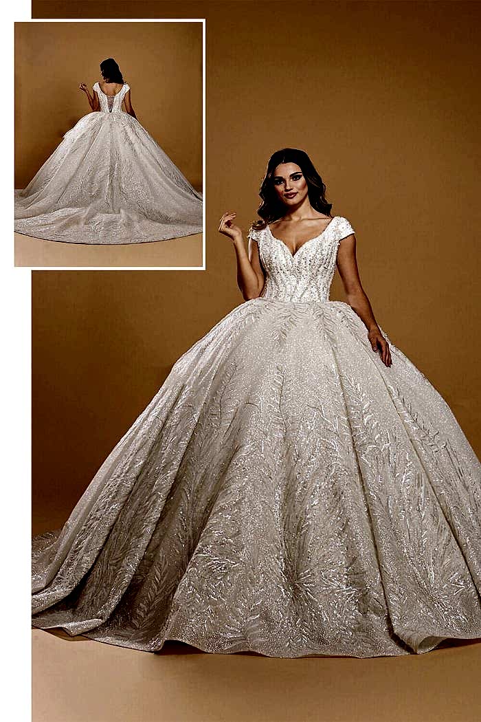 Derin V Yaka Kap Kol Payet İşlemeli Prenses Gelinlik