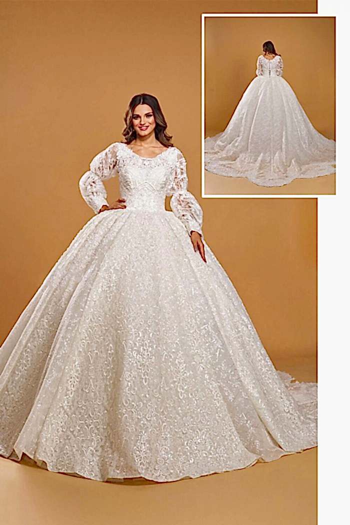 Balon Kol Yuvarlak Yaka Güpürlü Kuyruklu Prenses Gelinlik