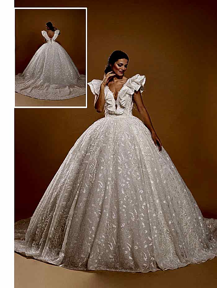 Fırfırlı Derin V Taka Payet İşlemeli Kuyruklu Prenses Gelinlik