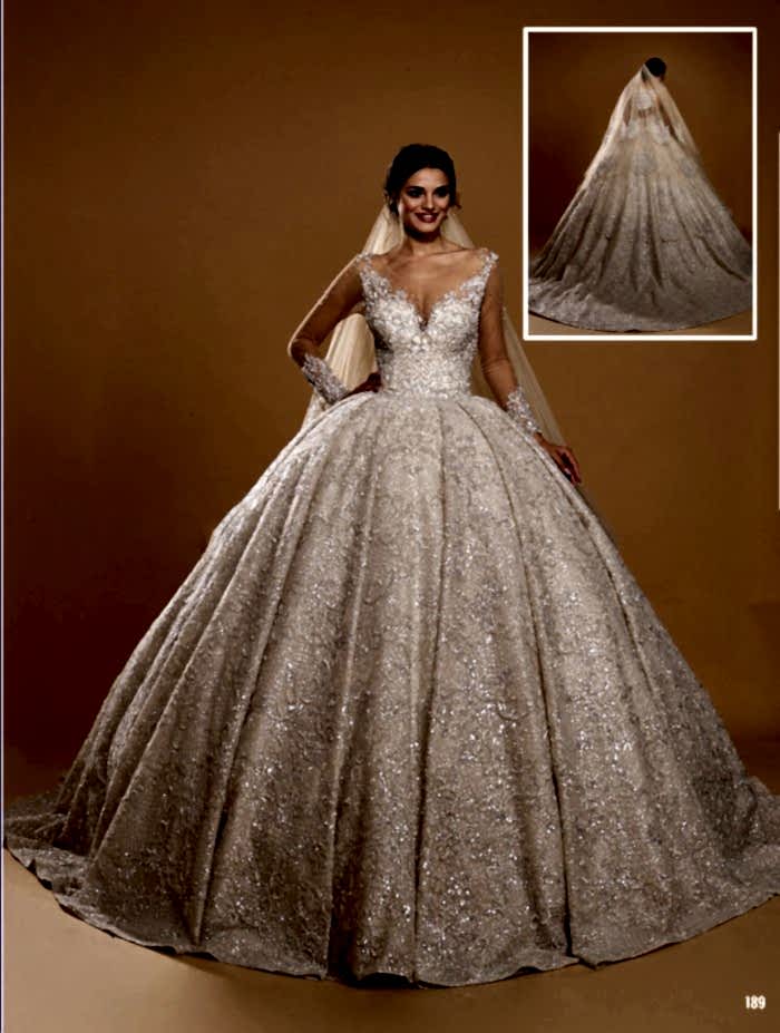 İllüzyon Yaka Gümüş İşlemeli Transparan Kol Pileli Prenses Gelinlik