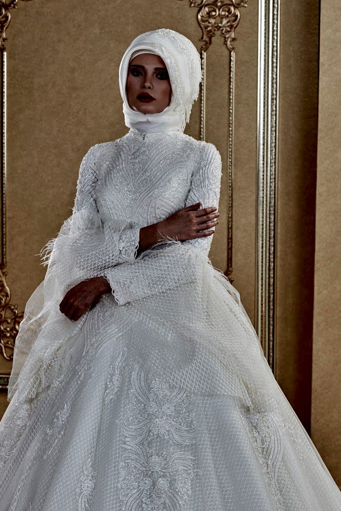 İspanyol Kol File Tül Dantel İşlemeli Prenses Tesettür Gelinlik
