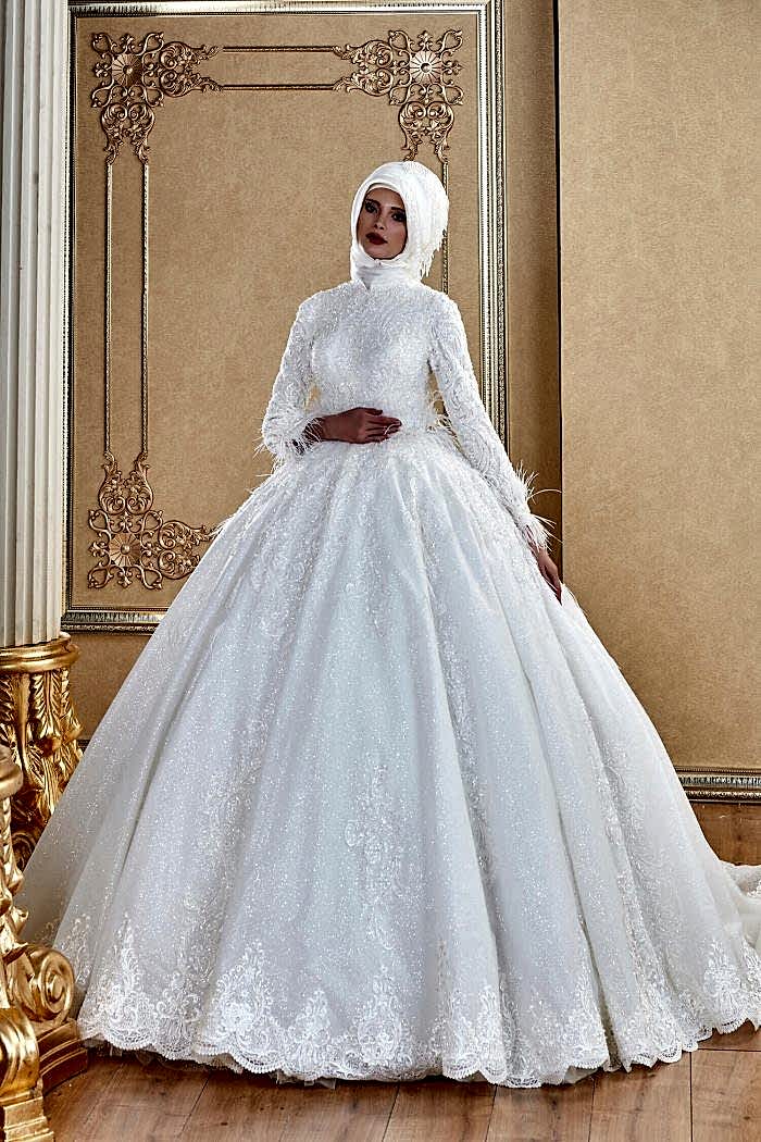 Dantel İşlemeli Işıltılı Otriş Detaylı Prenses Tesettür Gelinlik