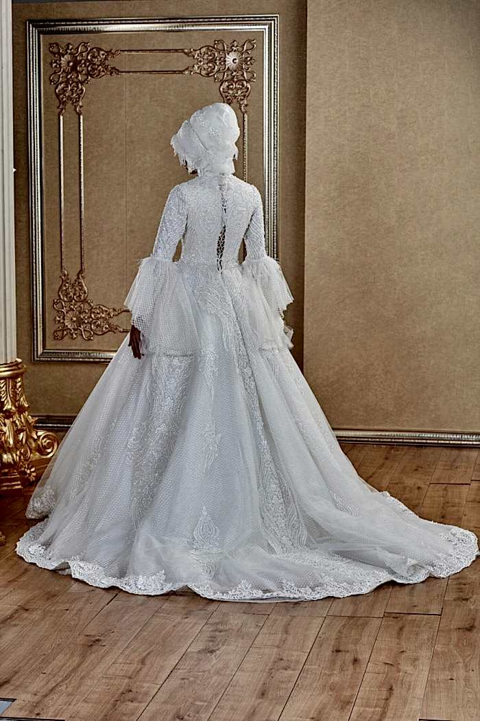 Ekose Tül Üzeri Dantel İşlemeli İspanyol Kol Prenses Tesettür Gelinlik