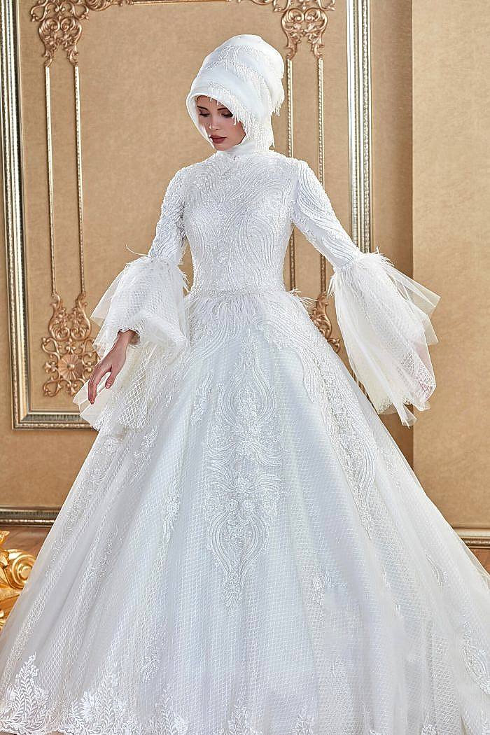 Alternative view of Ekose Tül Üzeri Dantel İşlemeli İspanyol Kol Prenses Tesettür Gelinlik
