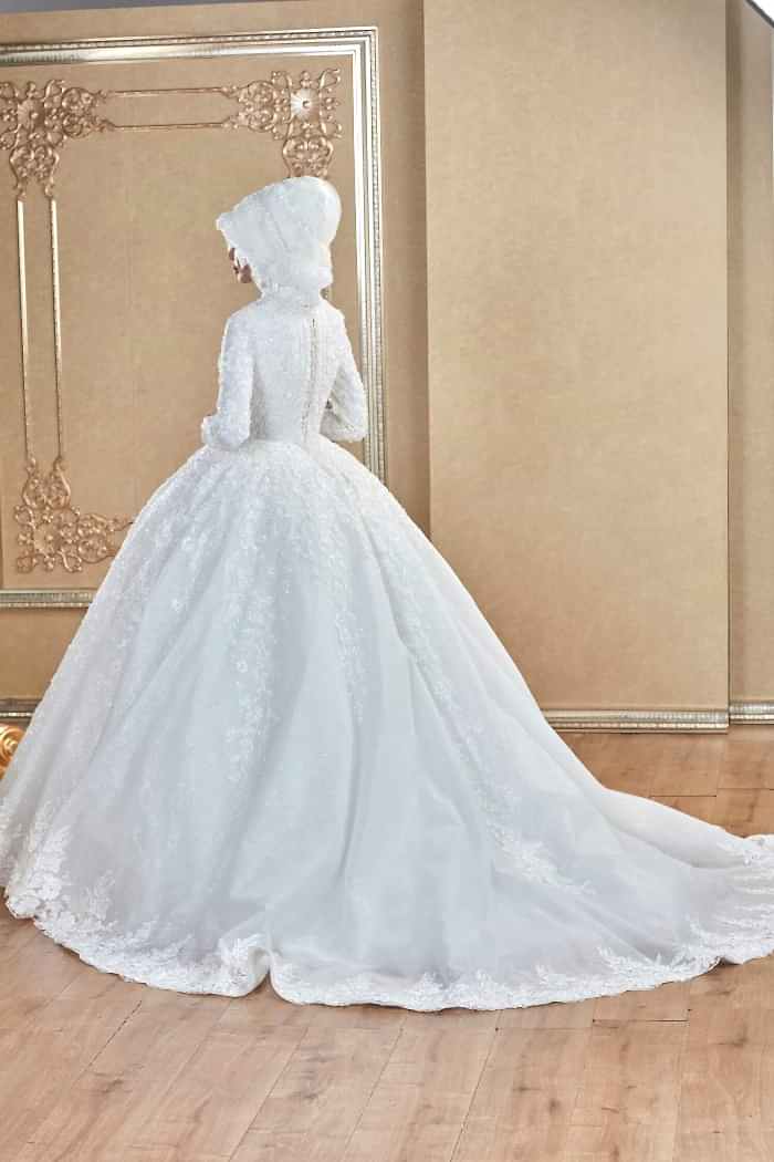 Kristal İşlemeli Hakim Yaka Dantelli Prenses Tesettür Gelinlik