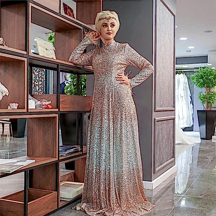 Boncuk İşlemeli Hakim Yaka Tesettür Abiye