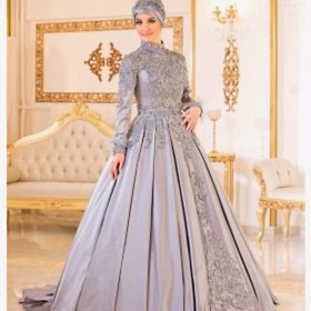 Taş İşlemeli Kabarık Gri Tesettür Nişanlık
