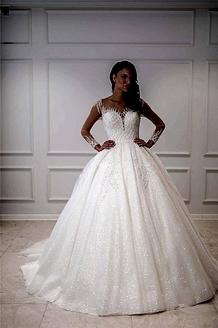 Tül Kol Derin V Yaka Prenses Gelinlik