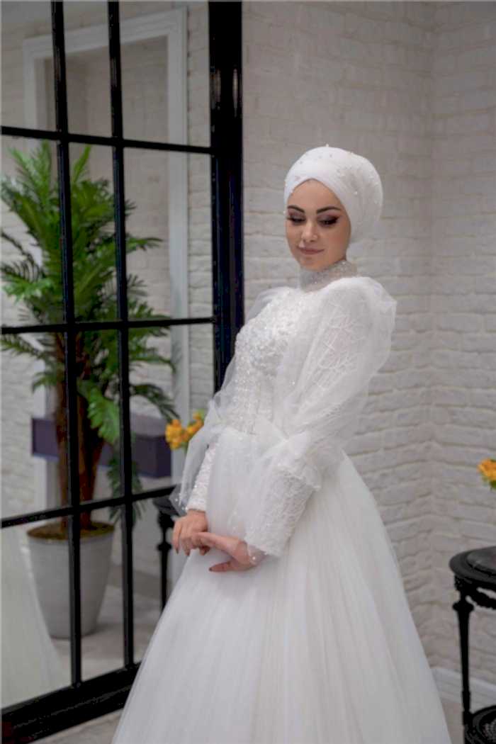 Uzun Kollu Tül Etekli Helen Tesettür Gelinlik