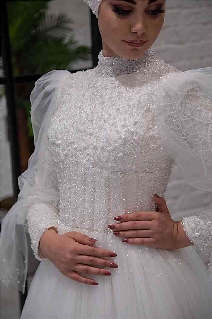 Alternative view of Uzun Kollu Tül Etekli Helen Tesettür Gelinlik