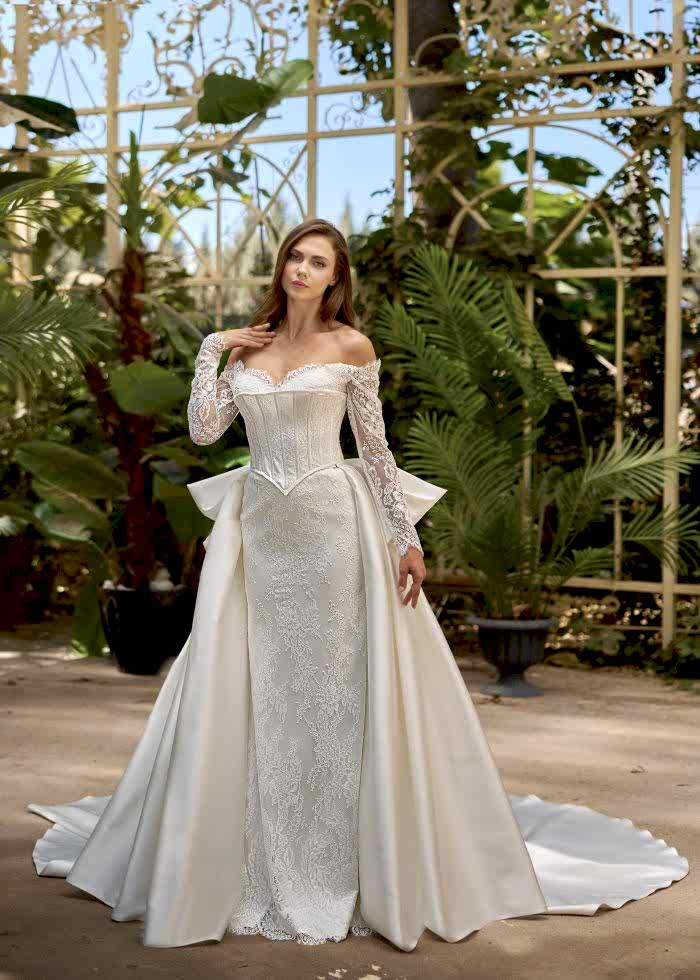 Fransız Kordene Dantelli Madonna Yaka Korseli Balık Gelinlik