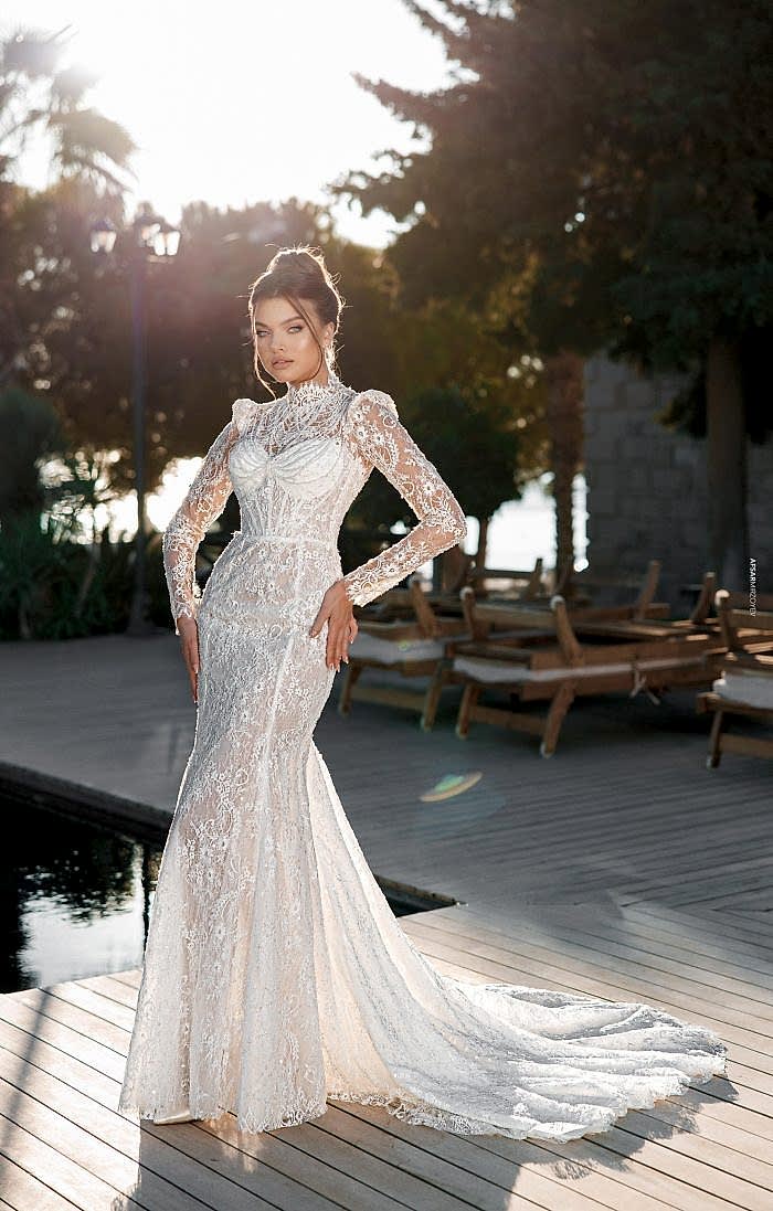 Fransız Kordone Danteli Zarif İnci Detaylı Balık Gelinlik