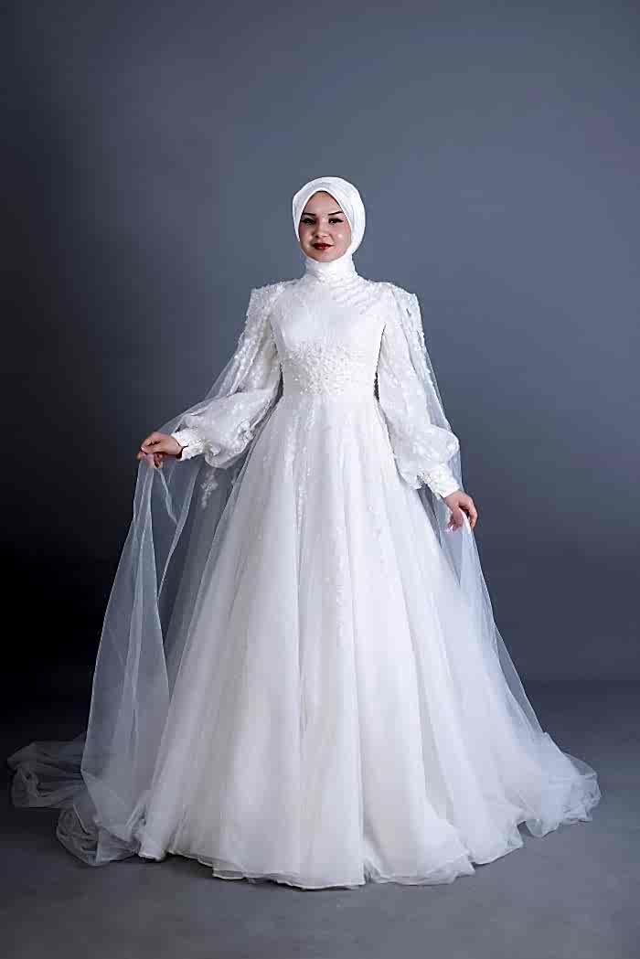 Çıkarılabilir Pelerinli Balon Kol Detaylı Tesettür Gelinlik