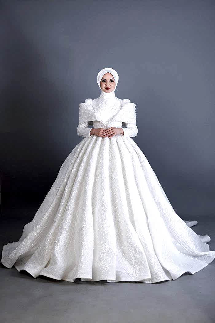 Madonna Yaka Kaburgalı Taş İşlemeli Tesettür Gelinlik