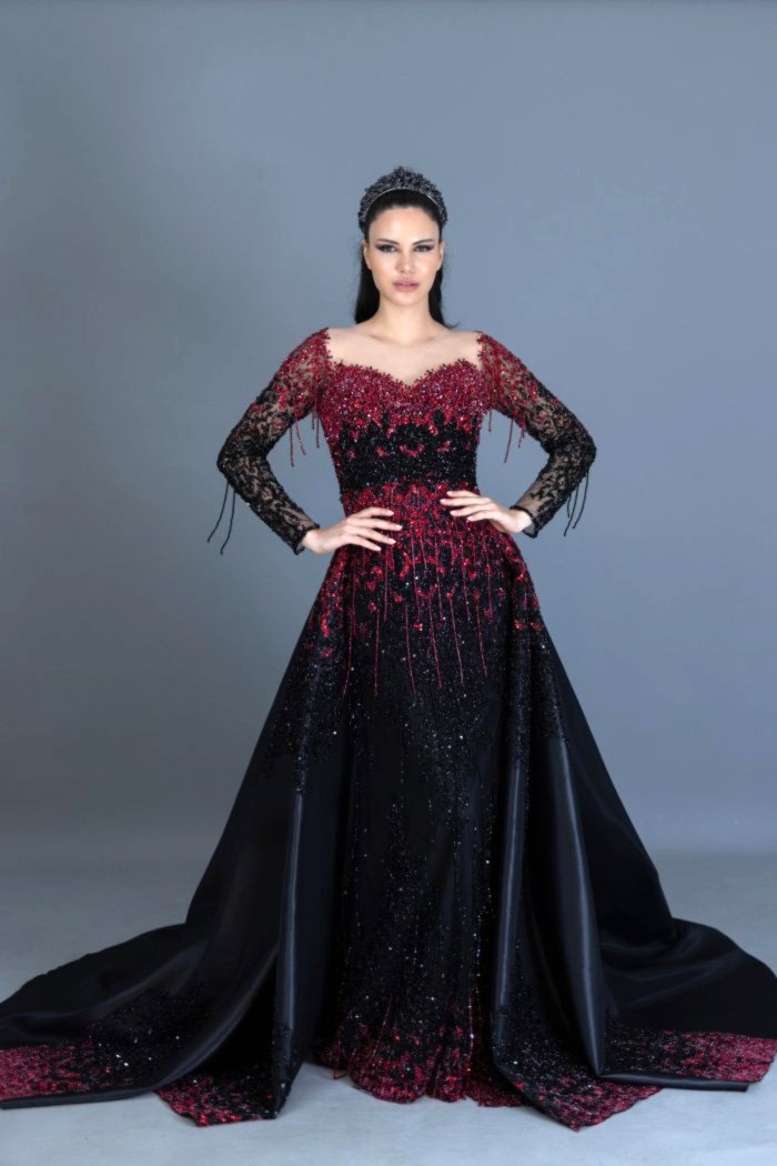 Taş İşlemeli Uzun Kollu Demonte Etek Kına Elbisesi