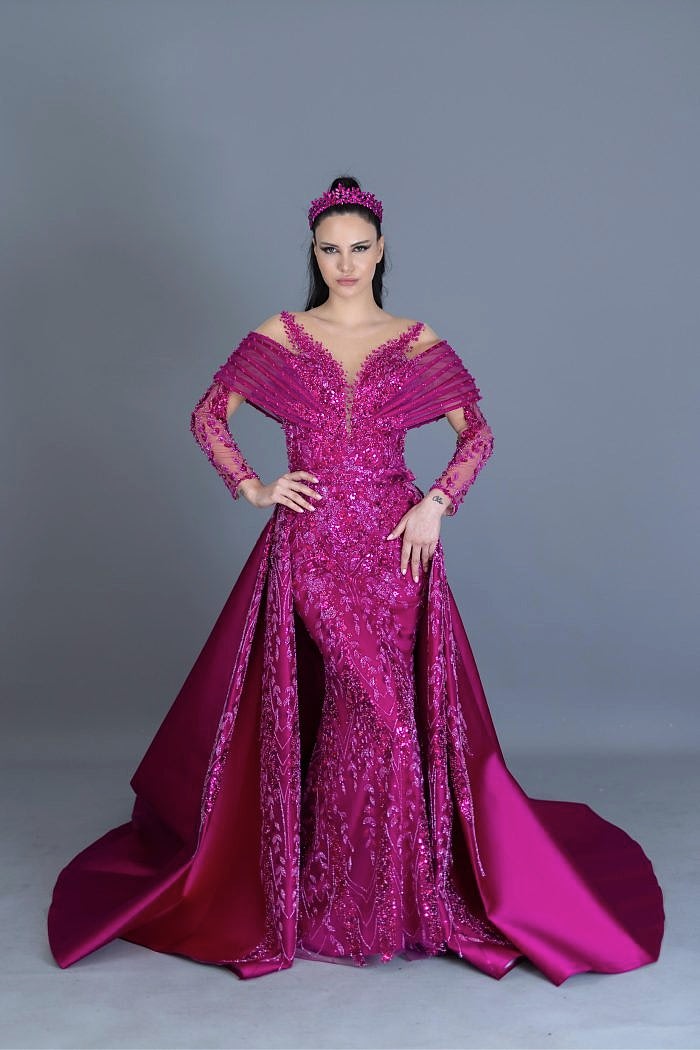 Demonte Etek Kafes Detaylı Yoğun Taş İşlemeli Kına Gecesi Elbisesi