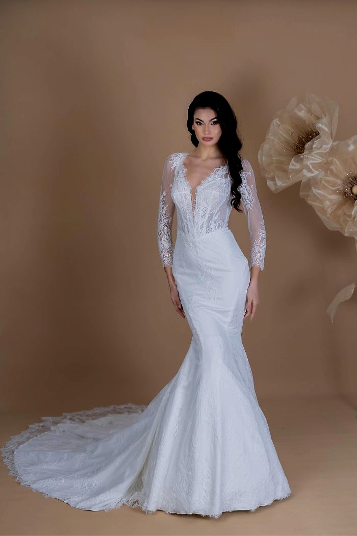 Dantel Kol Lez Dantel Balık Kuyruklu Gelinlik