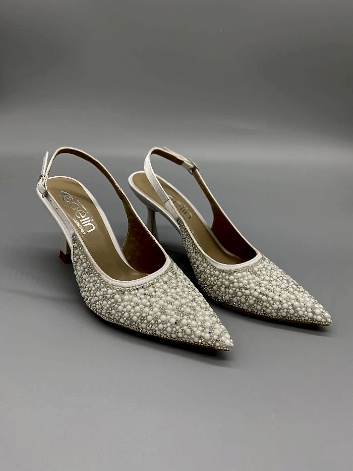 İnci Taş İşlemeli Arkası Açık Gelin Ayakkabısı