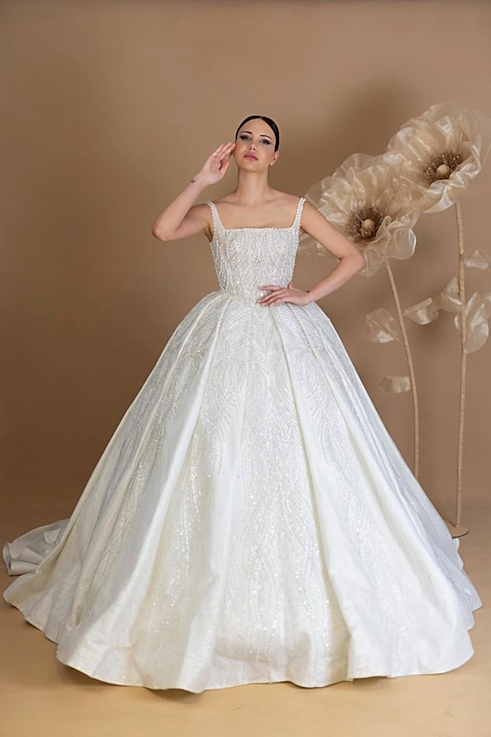 Kare Yaka Askılı İnci Taş İşlemeli Prenses Model